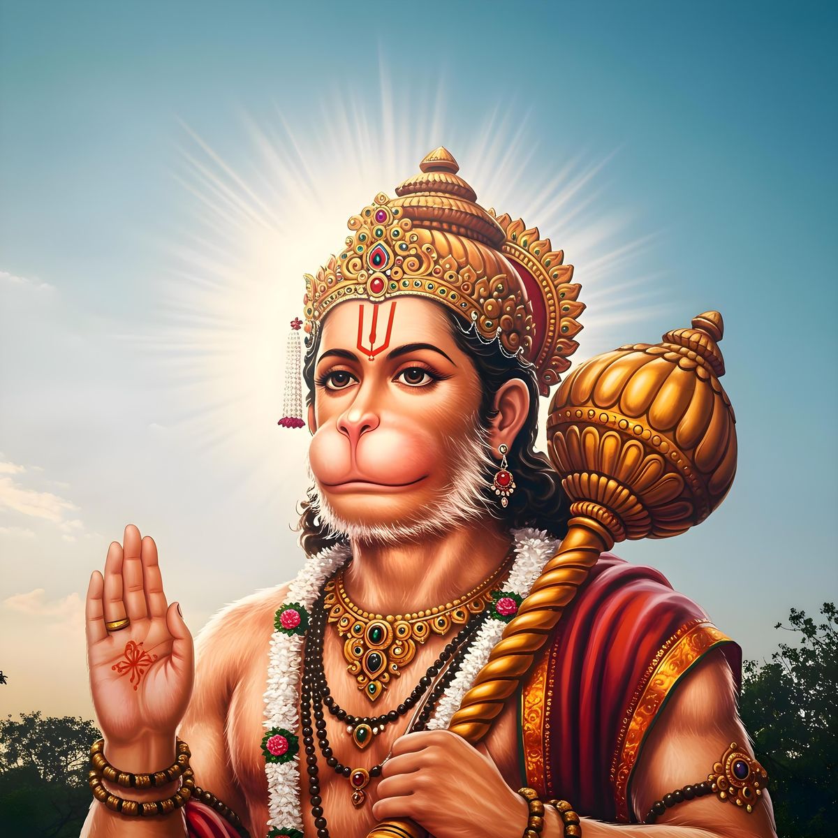 Lord Hanuman, the Sankat Mochan, with gada and blessing hand